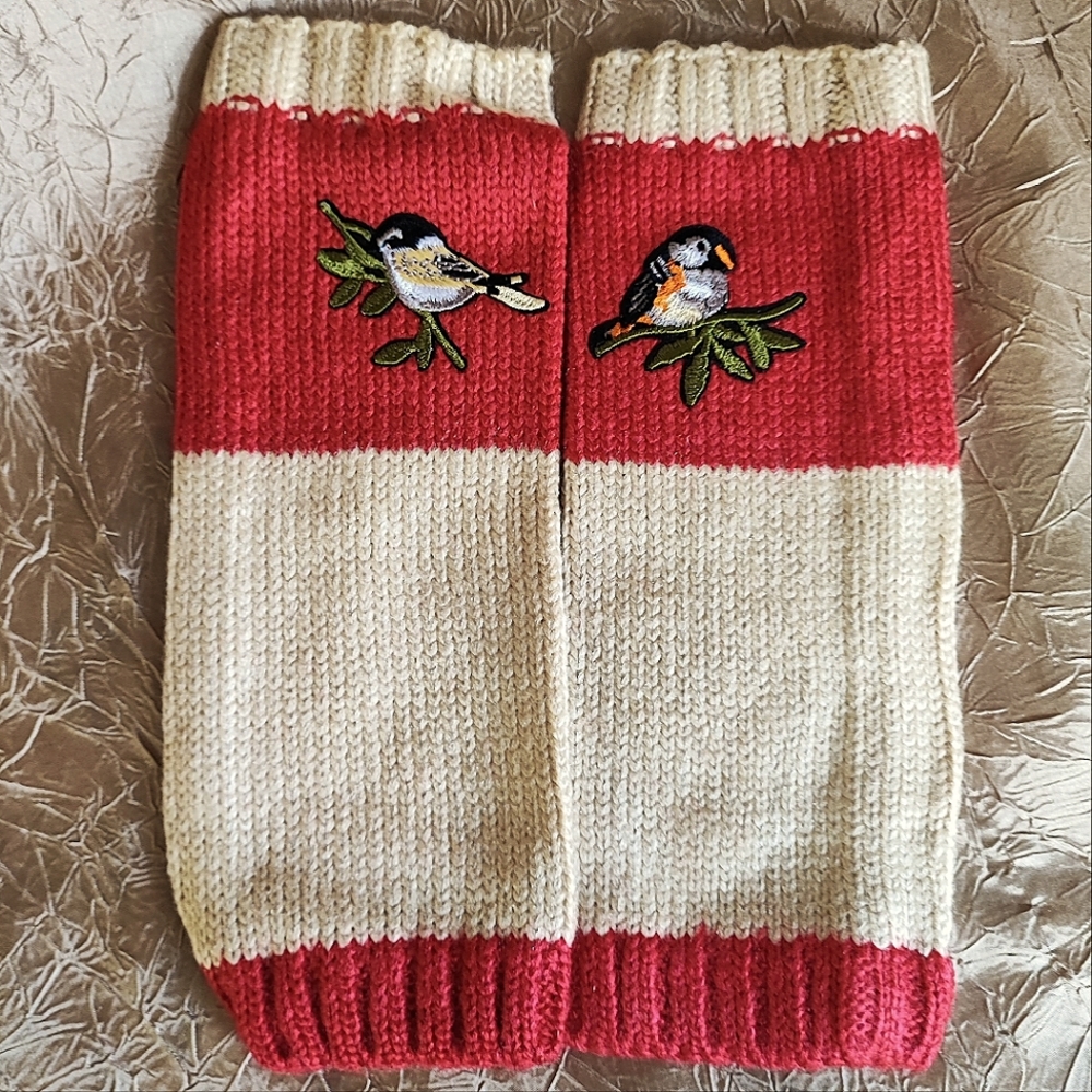 Fingerless Gloves Thumb Holes Red and Cream Embroidered Birds Mittens NEW